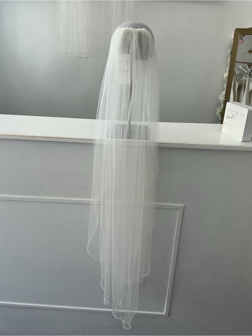 Long White Bridal Veil with Beaded Edge
